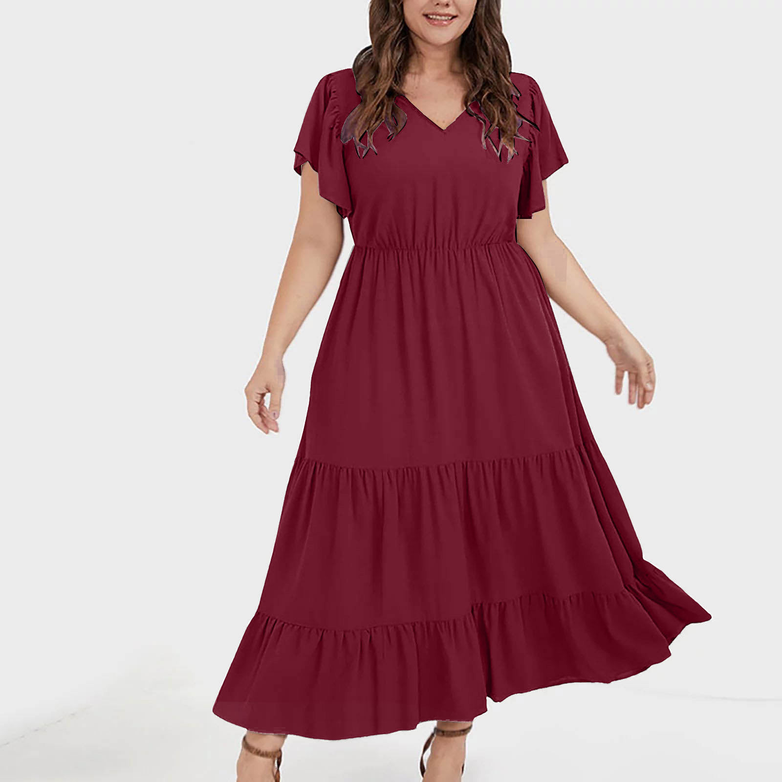 thumbnail image 3 of Vestido informal de talla grande para mujer con cuello en V, color liso, mangas con volantes y pliegues - Poliéster, moda de verano, 3 of 5